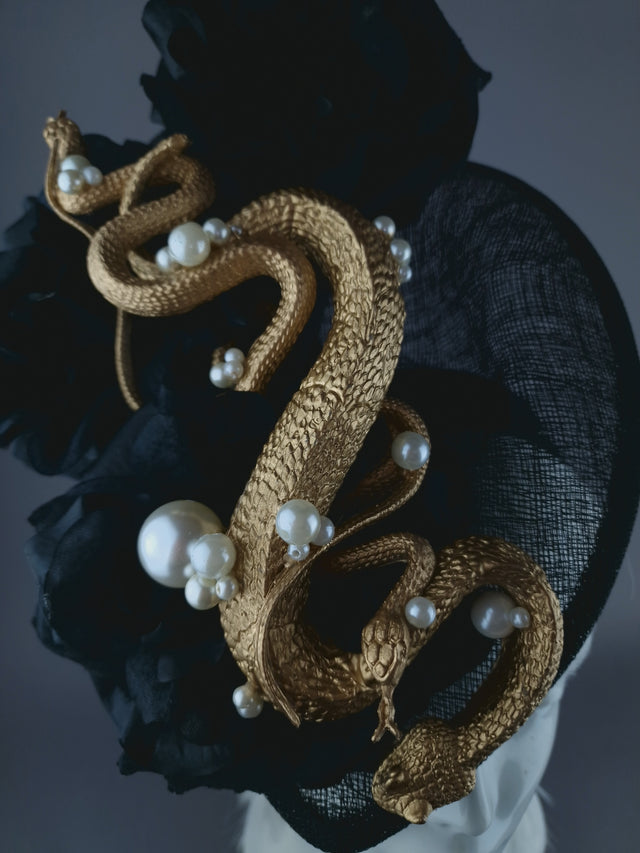"Serpentt" Black Rose, Gold Snake & Pearl Fascinator Hat