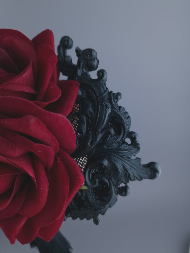 "Lola" Red Rose, Filigree & Tassle Mini Fascinator