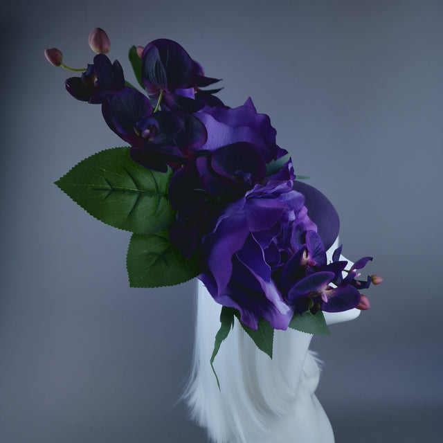 "Amoret" Purple Giant Rose & Orchid Fascinator Hat