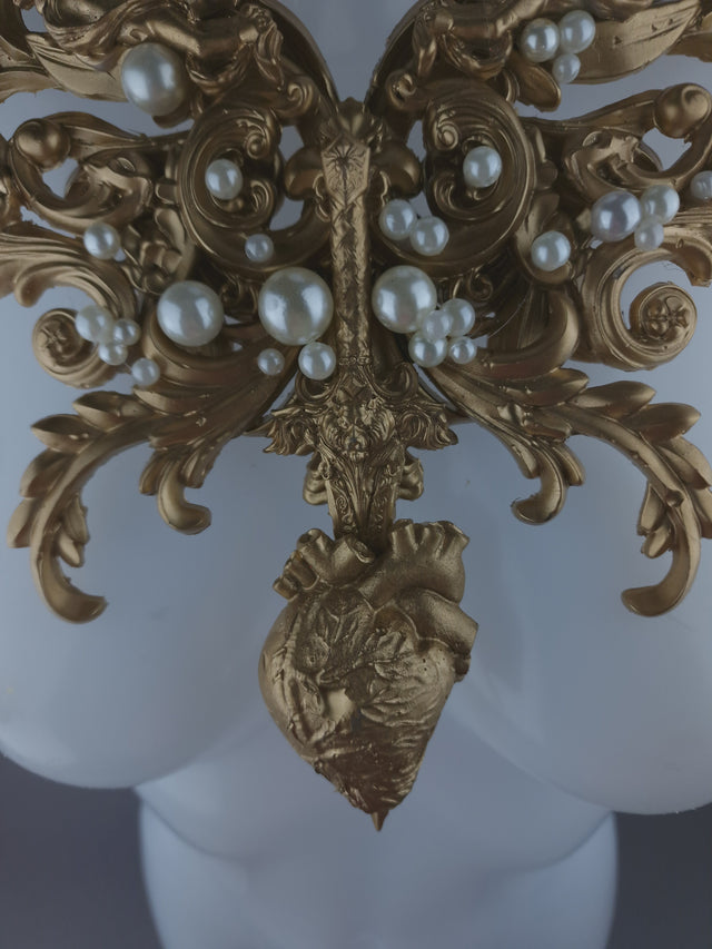 Pearls & Swine: Gold Filigree, Sword, Heart & Pearls Neckpiece "Covenant"