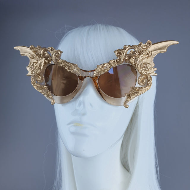"Bathory" Gold Filigree Ornate Bat Wing & Cherub Sunglasses