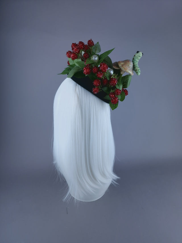 "Joy" Raspberries, Pearls, Mushroom & Caterpillar Fascinator Hat