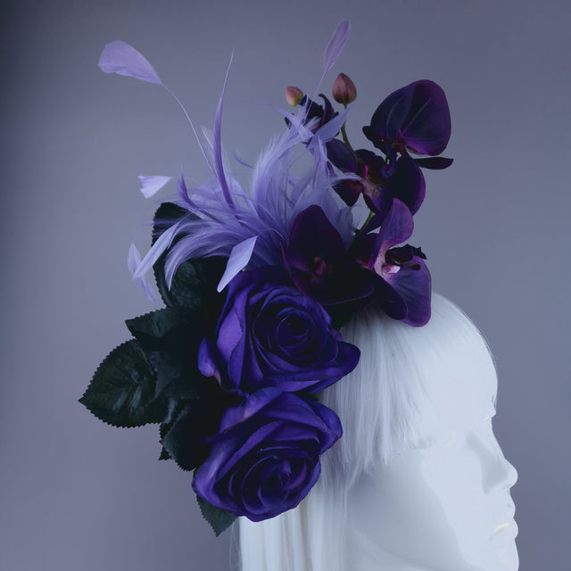 "Alina" Purple Orchid & Rose Feather Headdress