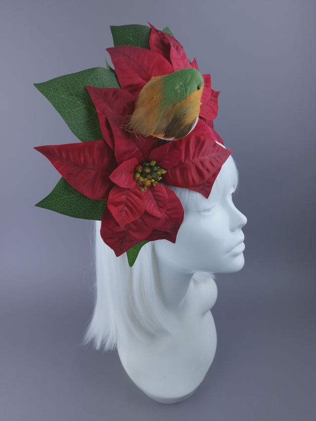 Large Red Poinsettia & Robin Xmas Headdress
