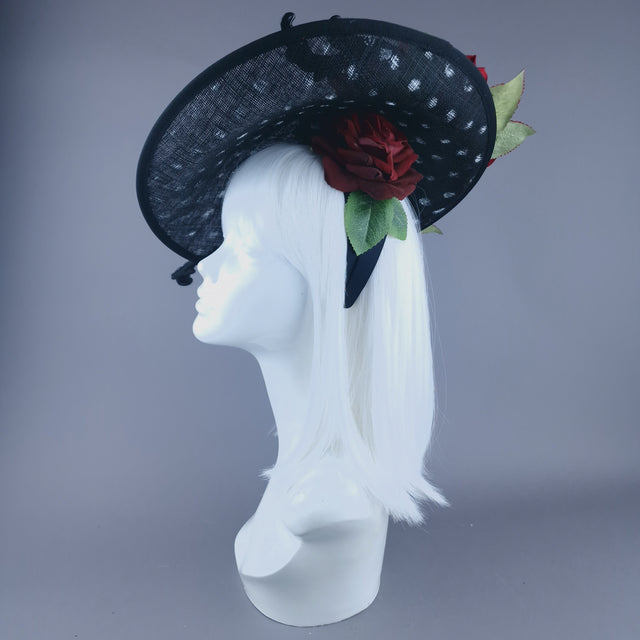 "Alaric" Red Roses, Filigree Black & White Polka Dot Fascinator Hat
