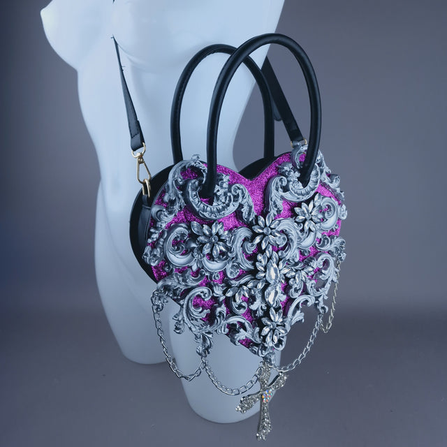 "Beltia" Silver Filigree & Pink Glitter Heart Shaped Handbag