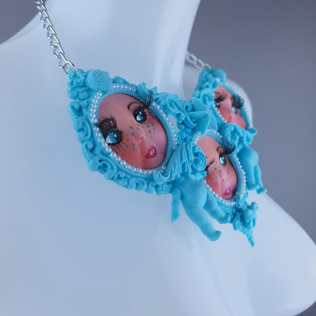 "Triple" Pastel Blue Dollface Filigree & Pearl Neckpiece
