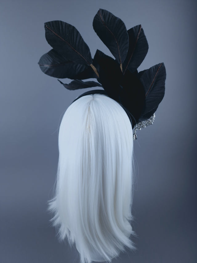 "Cristal" Black Velvet Leaf Headdress with Jewel