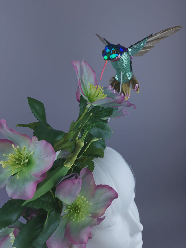 "Picotee" Purple & Green Hellebore Flowers & Hummingbird Headdress