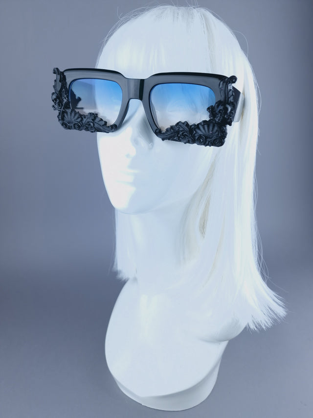 "Poe" Unisex Black Filigree Skull Sunglasses