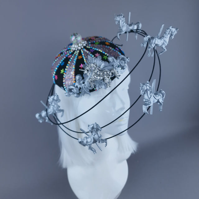 "Cirque Forever" Black, Silver & Colourful Circus Carousel Wired Veil Hat