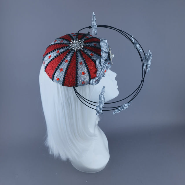 "Cirque Forever" Black, Silver & Red Circus Carousel Wired Veil Hat
