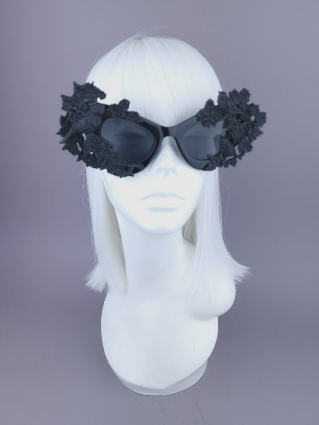 "Lilith" Black Bird & Flowers Filigree Catseye Sunglasses