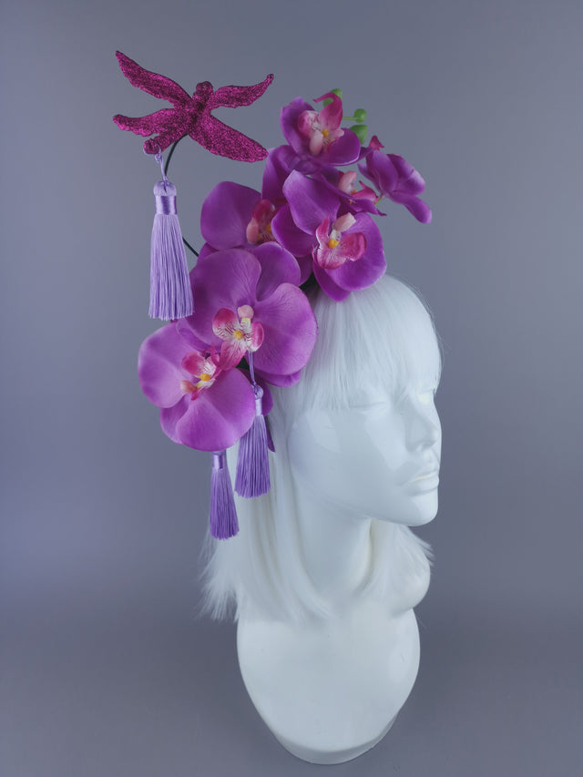 "Lanfen" Pink Purple Orchid, Dragonfly & Tassel Headdress