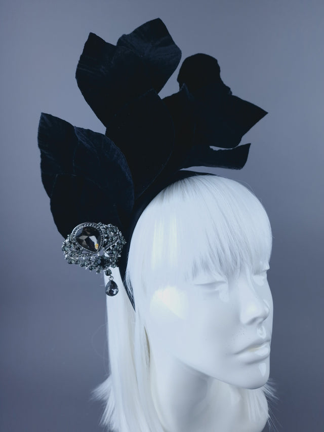 "Cristal" Black Velvet Leaf Headdress with Jewel