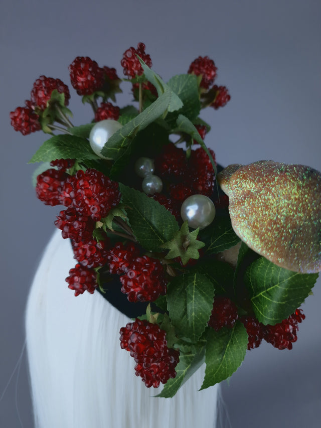 "Joy" Raspberries, Pearls, Mushroom & Caterpillar Fascinator Hat