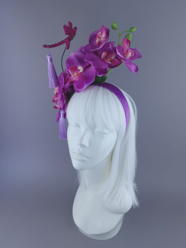 "Lanfen" Pink Purple Orchid, Dragonfly & Tassel Headdress