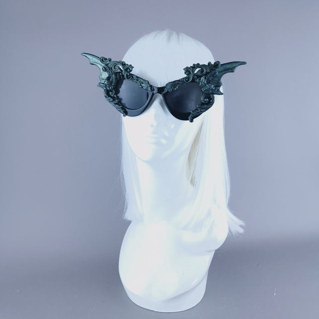 "Bathory" Iridescent Teal Filigree Ornate Bat Wing & Cherub Sunglasses