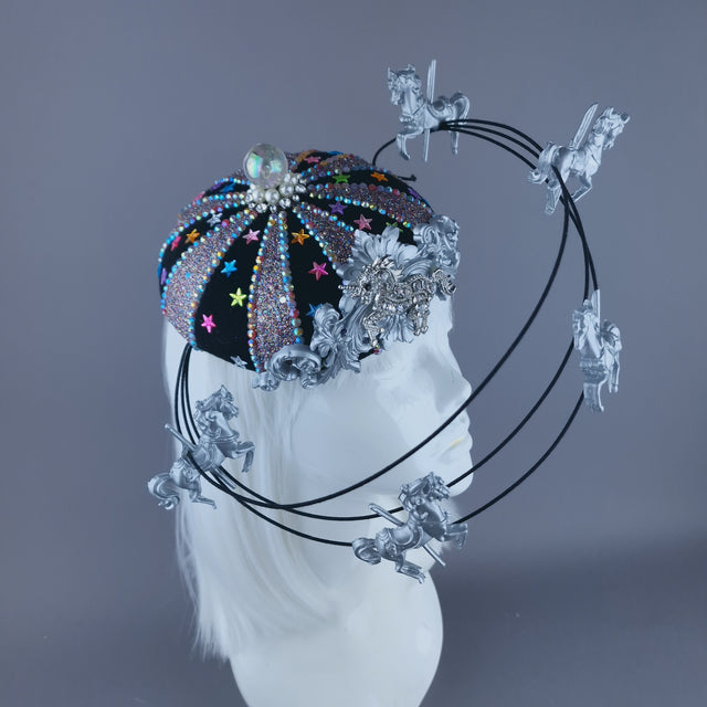 "Cirque Forever" Black, Silver & Colourful Circus Carousel Wired Veil Hat