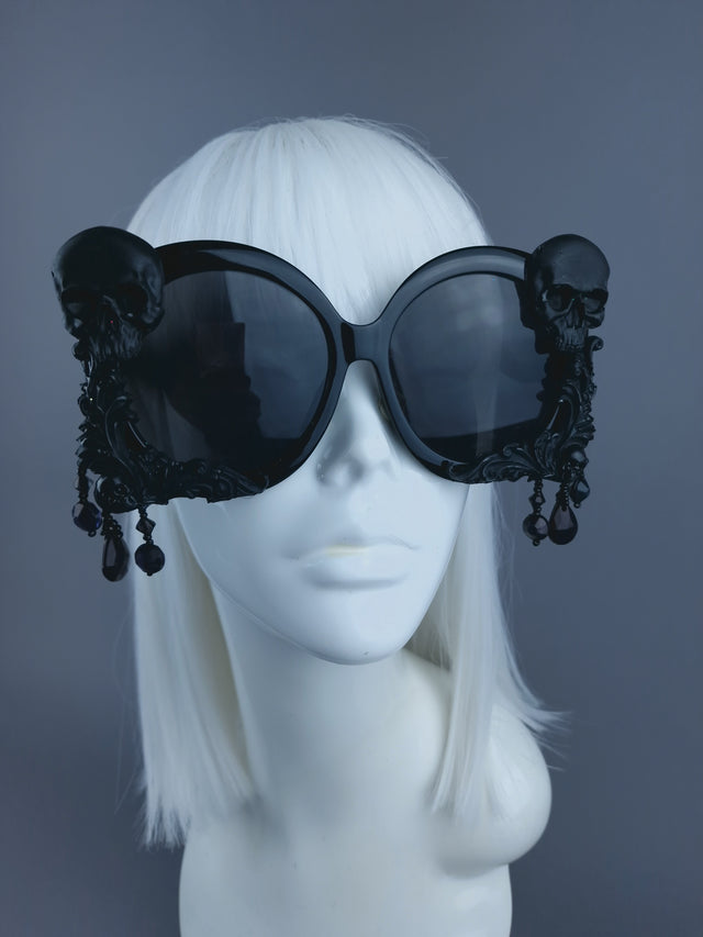 Pearls & Swine: Black Skull Oversized Sunglasses with Filigree & Beading "Keres"