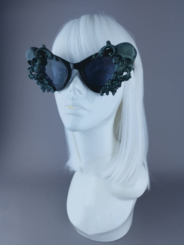 Pearls & Swine: Skull Cat Eye Sunglasses with Teal Filigree "Belial"