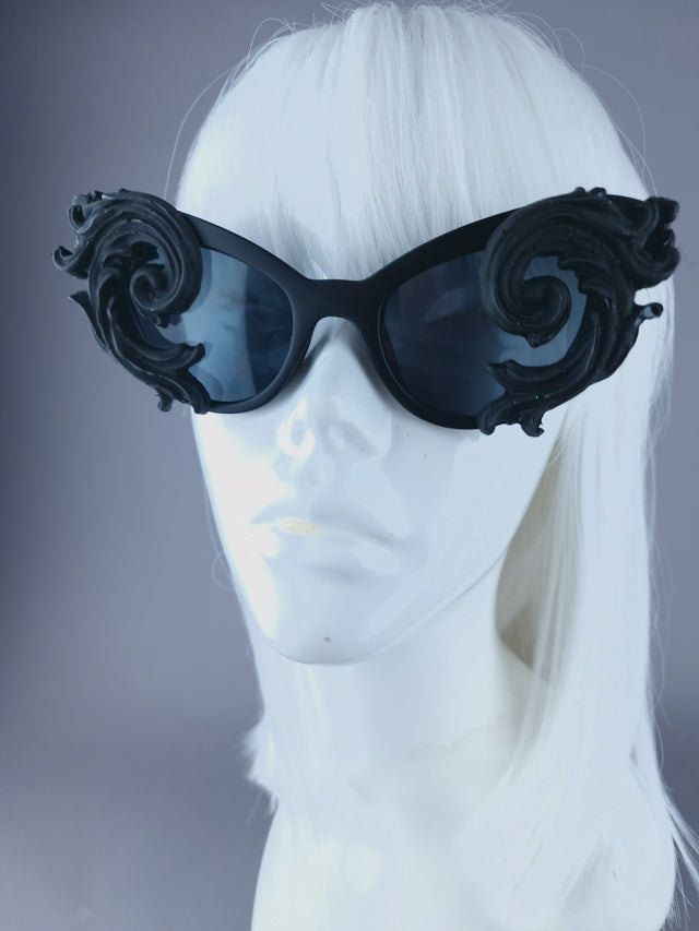Pearls & Swine: Black Ornate Cat Eye Sunglasses with Filigree "Oriens"