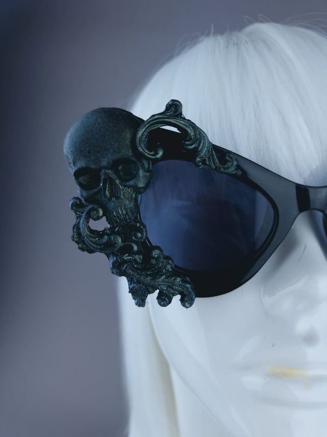 Pearls & Swine: Skull Cat Eye Sunglasses with Teal Filigree "Belial"