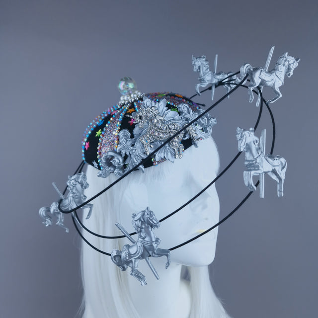"Cirque Forever" Black, Silver & Colourful Circus Carousel Wired Veil Hat