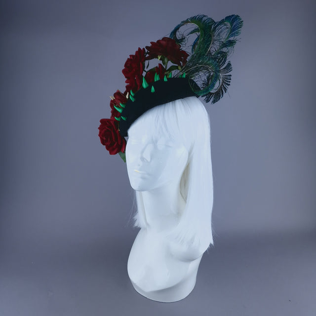 "L'Air Du Temps" Red Rose, Feather & Thorns Fascinator Hat