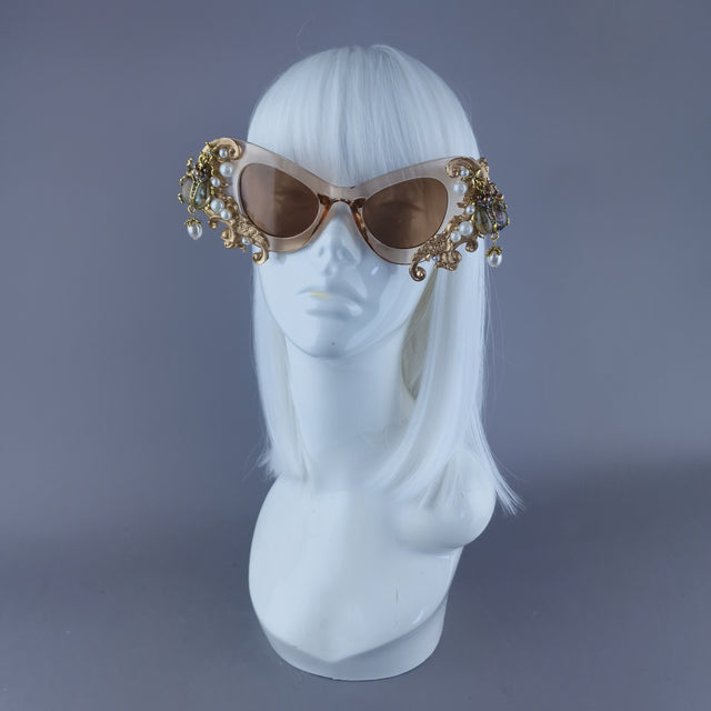 "Elytron" Gold Filigree, Beetle & Pearls Ornate Sunglasses