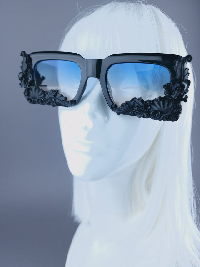 Pearls & Swine: Black Statement Unisex Sunglasses with Filigree & Skull "Poe"