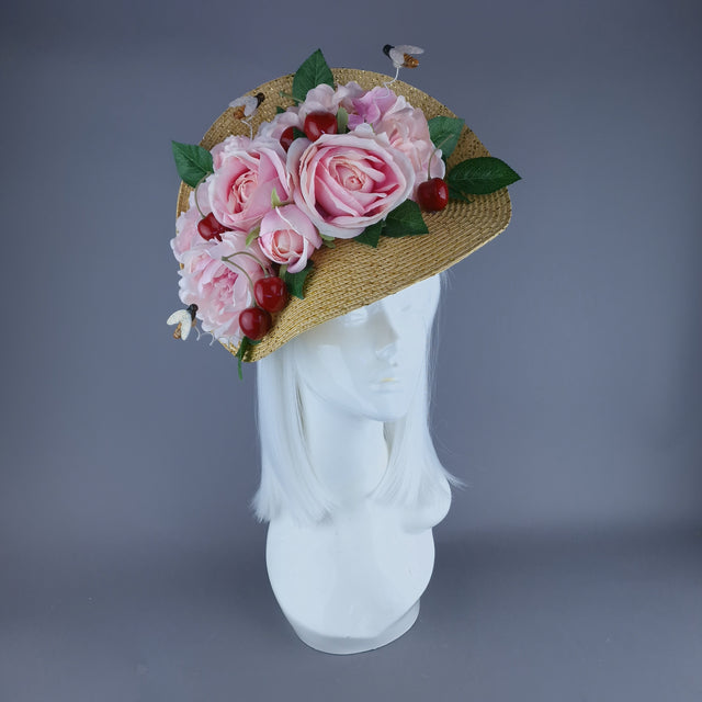 "Daphne" Pink Rose & Cherry Fascinator Hat