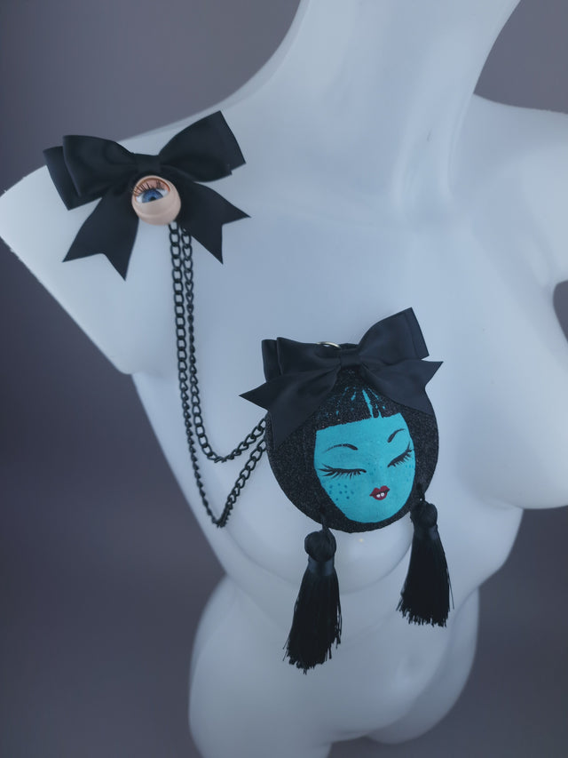 Blue Dollface & Blinking Eye Necklace Brooch Jewellery