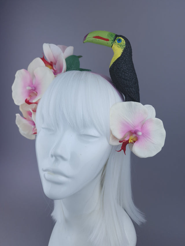 Pearls & Swine: Pink White Flower Headdress with Orchid & Toucan "Kibou"