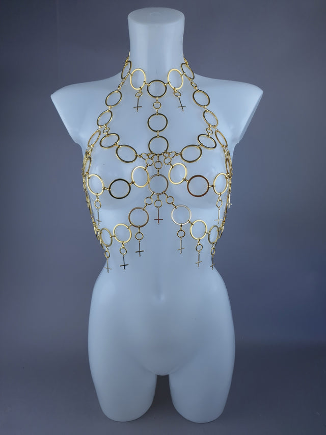 "Fiend" Gold Ring & Upside Down Crosses Jewellery Harness