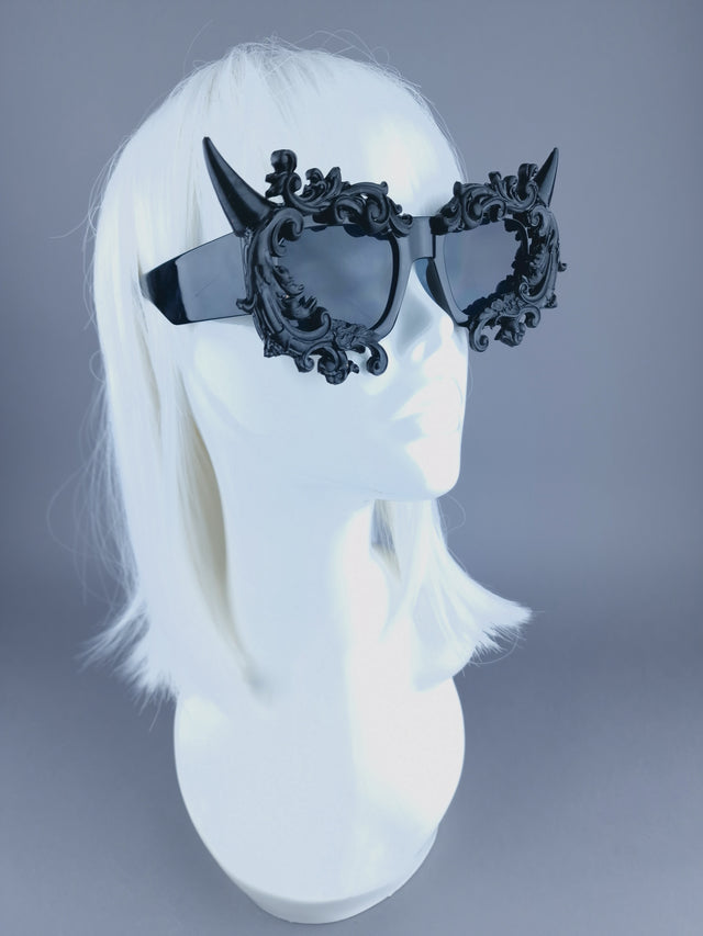 "Superbeast" Unisex Black Filigree Ornate Devil Horn Sunglasses