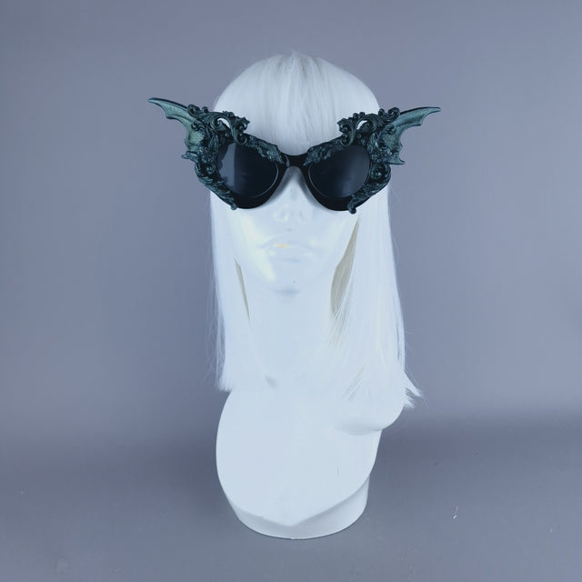 "Bathory" Iridescent Teal Filigree Ornate Bat Wing & Cherub Sunglasses