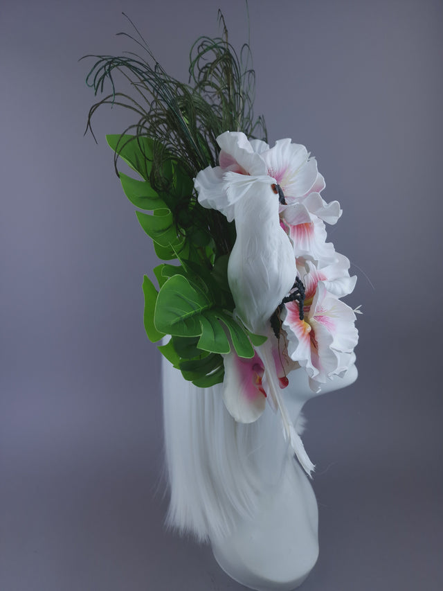 Pearls & Swine: Maximalist White Orchid Floral Feather Headpiece with Parrot