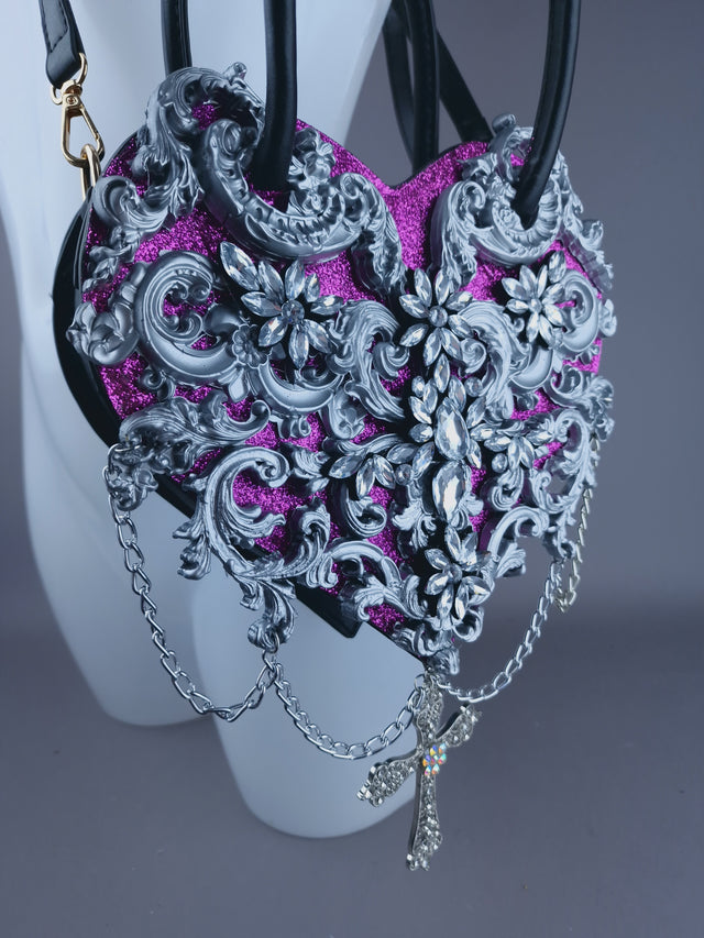 "Beltia" Silver Filigree & Pink Glitter Heart Shaped Handbag