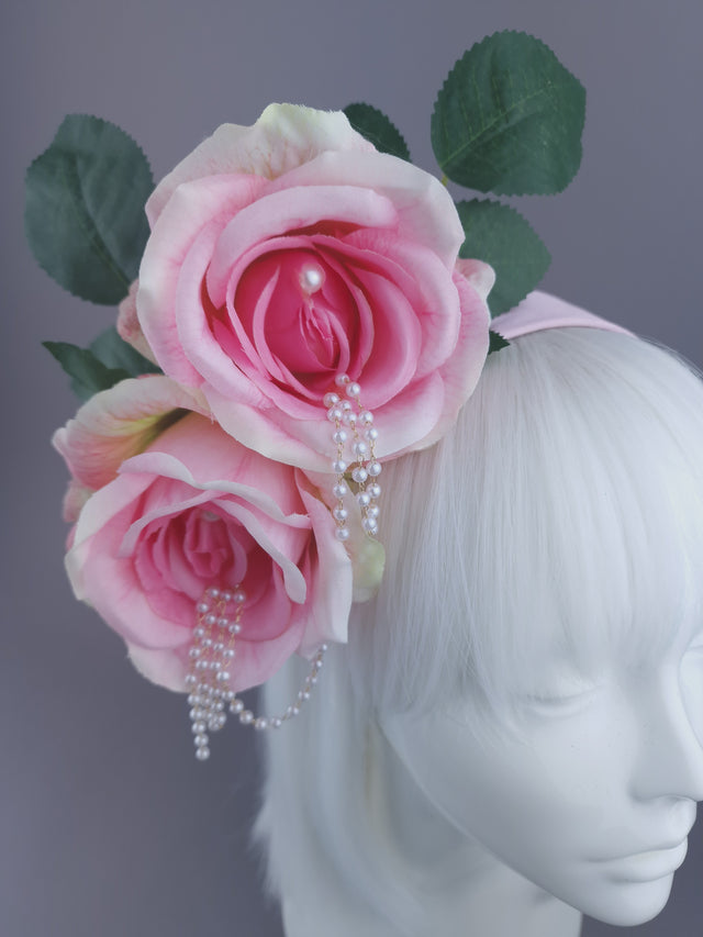 Pearls & Swine: Pink Rose & Pearl Flower Headdress "Fufu"