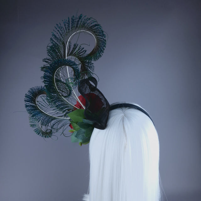 "Sass" Red Rose & Peacock Feather Headdress
