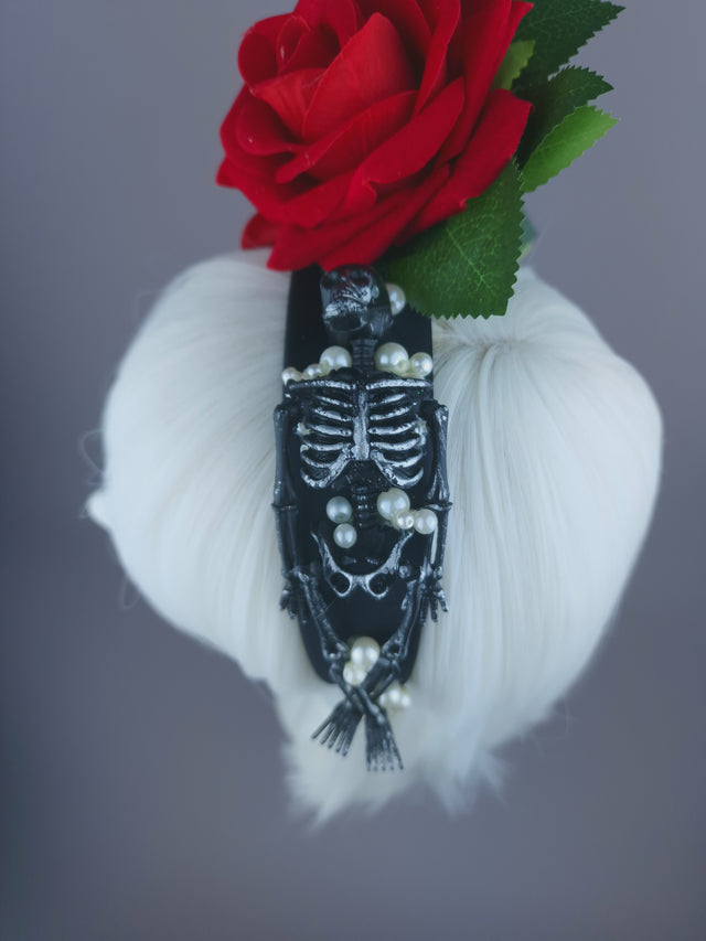 Pearls & Swine: Red Rose, Pearls & Skeleton Headband Headpiece "Buried"
