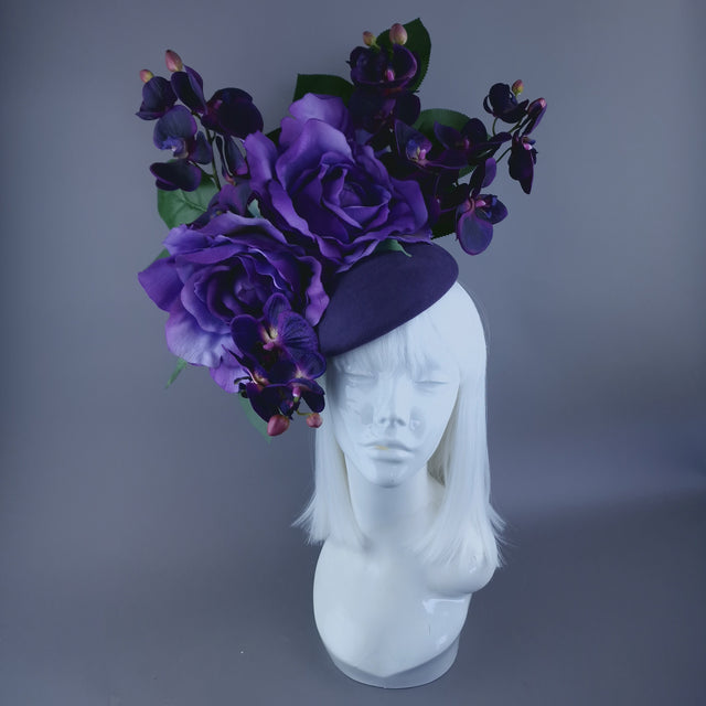"Amoret" Purple Giant Rose & Orchid Fascinator Hat