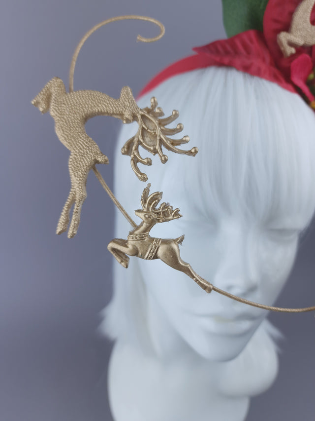 Red Poinsettia & Reindeer Xmas Headdress