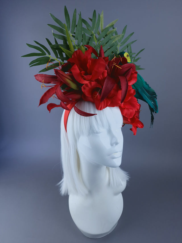 "Alamea" Tropical Red Flowers, Leaf & Parrot Headdress