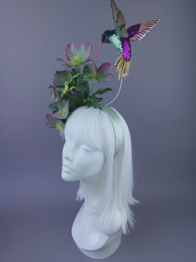 "Picotee" Purple & Green Hellebore Flowers & Hummingbird Headdress