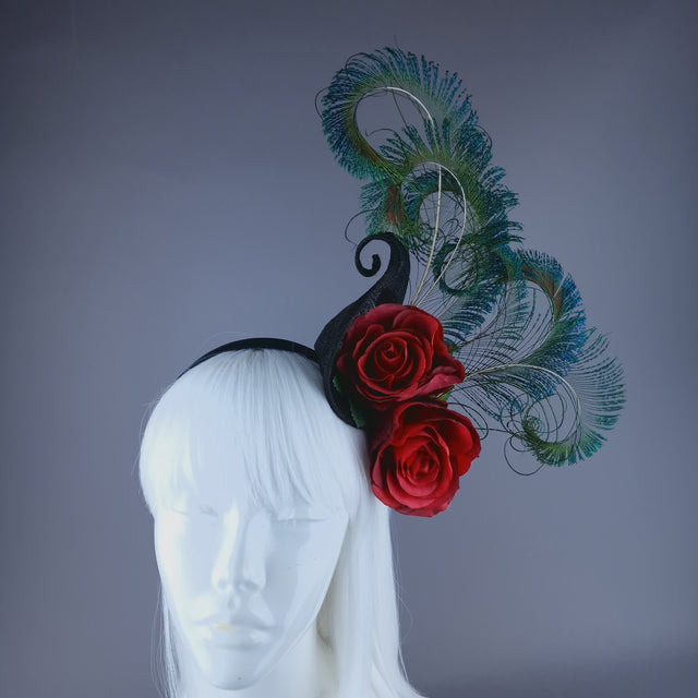 "Sass" Red Rose & Peacock Feather Headdress