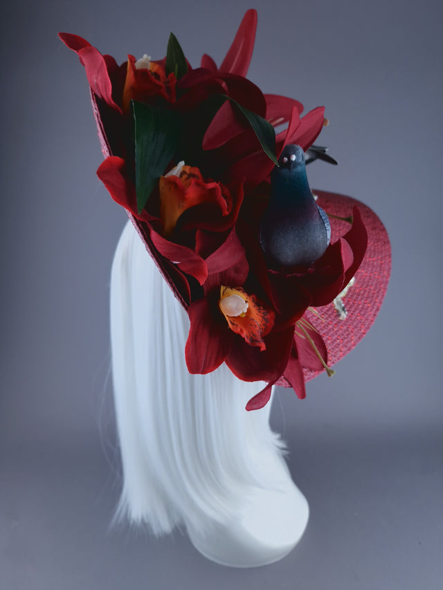 "Curses" Kitsch Glitter Pigeon Poop Red Fascinator Hat