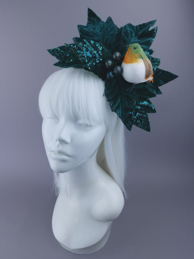 Large Velvet Poinsettia & Robin Xmas Headdress