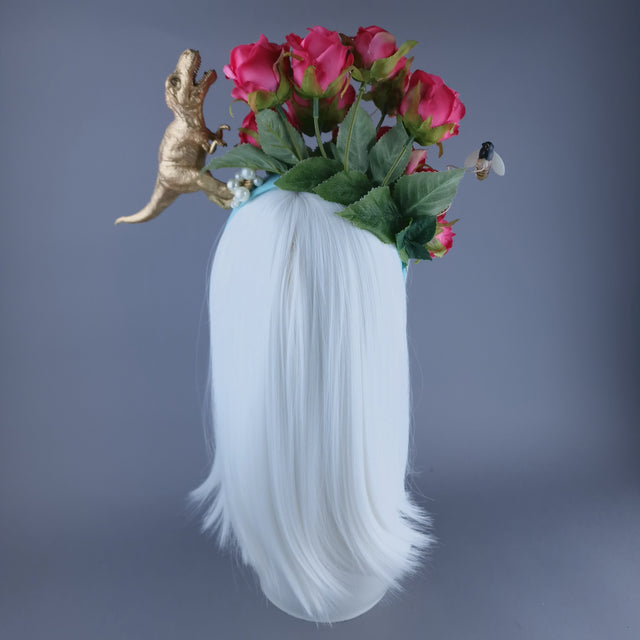 "Dainty" Dinosaur, Pearls & Pink Rose Headdress